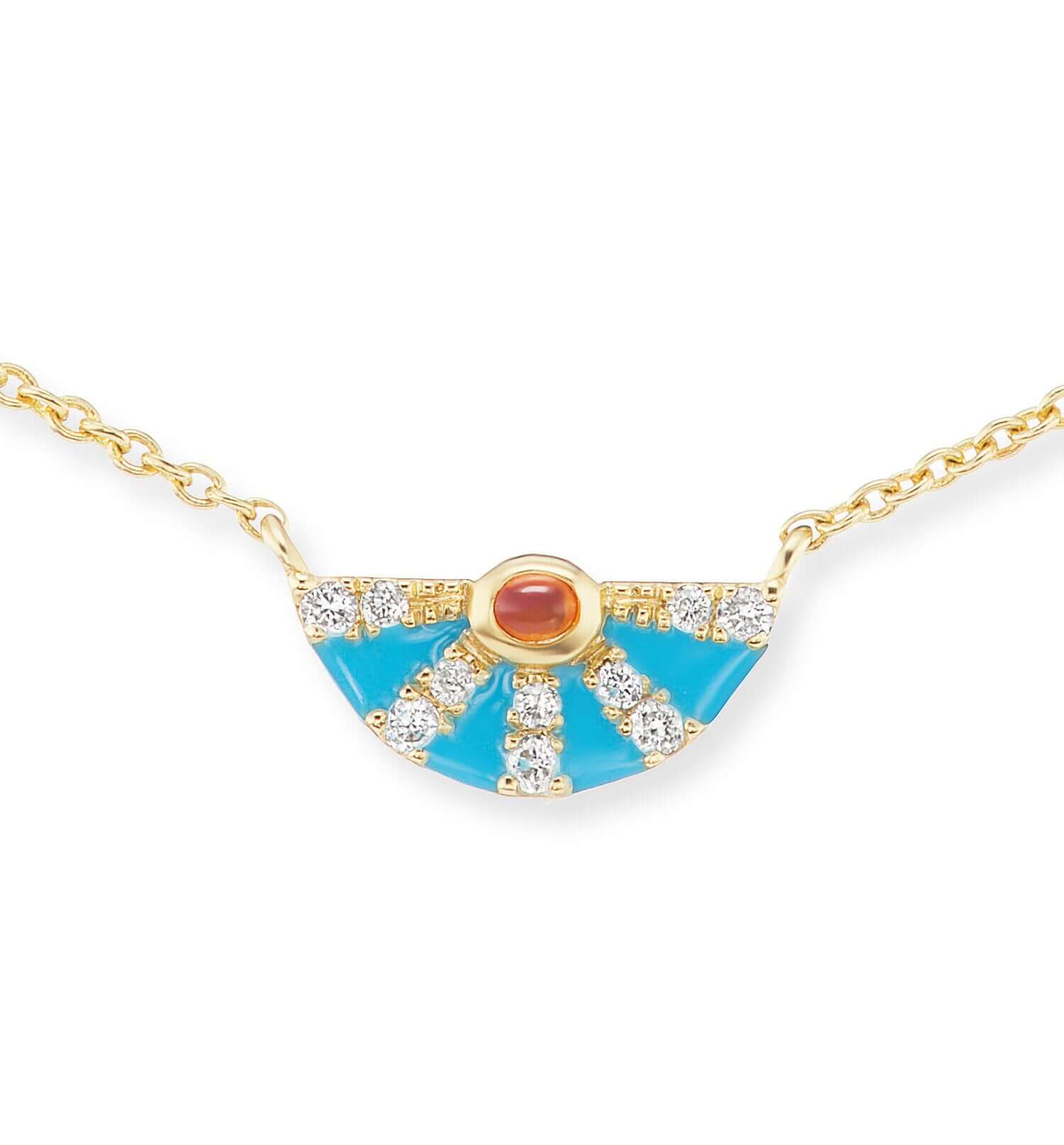 A closeup view of AK's Fire Charm Necklace in 18k yellow gold with .058ct Fire Opals, .043ct Diamonds & Blue Enamel on a 16" adjustable cable chain.