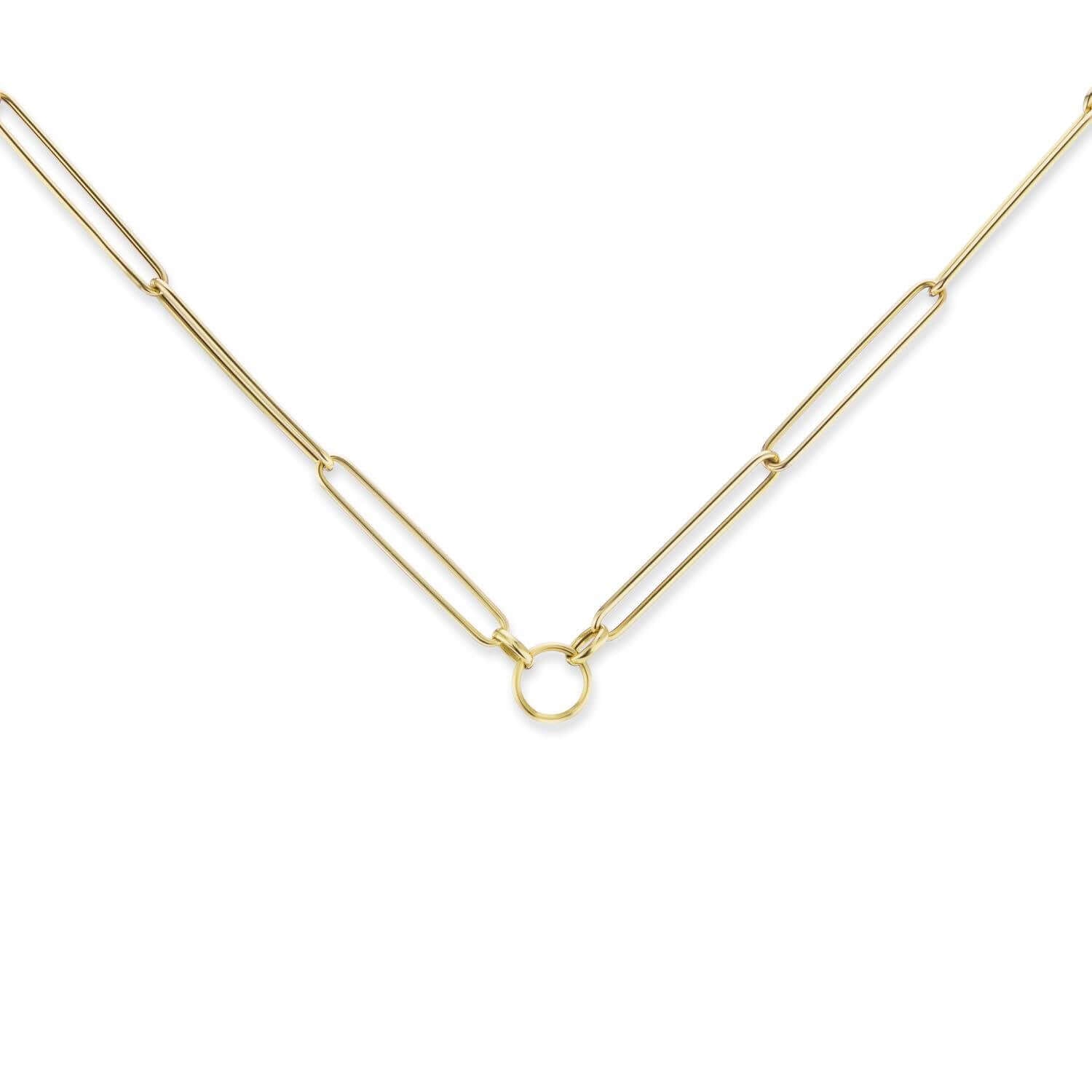 An 18k yellow gold paperclip chain with elongated links and a gold loop at the bottom to accommodate gold charms or gold pendants. Designed by Ana-Katarina Fine Jewelry. 