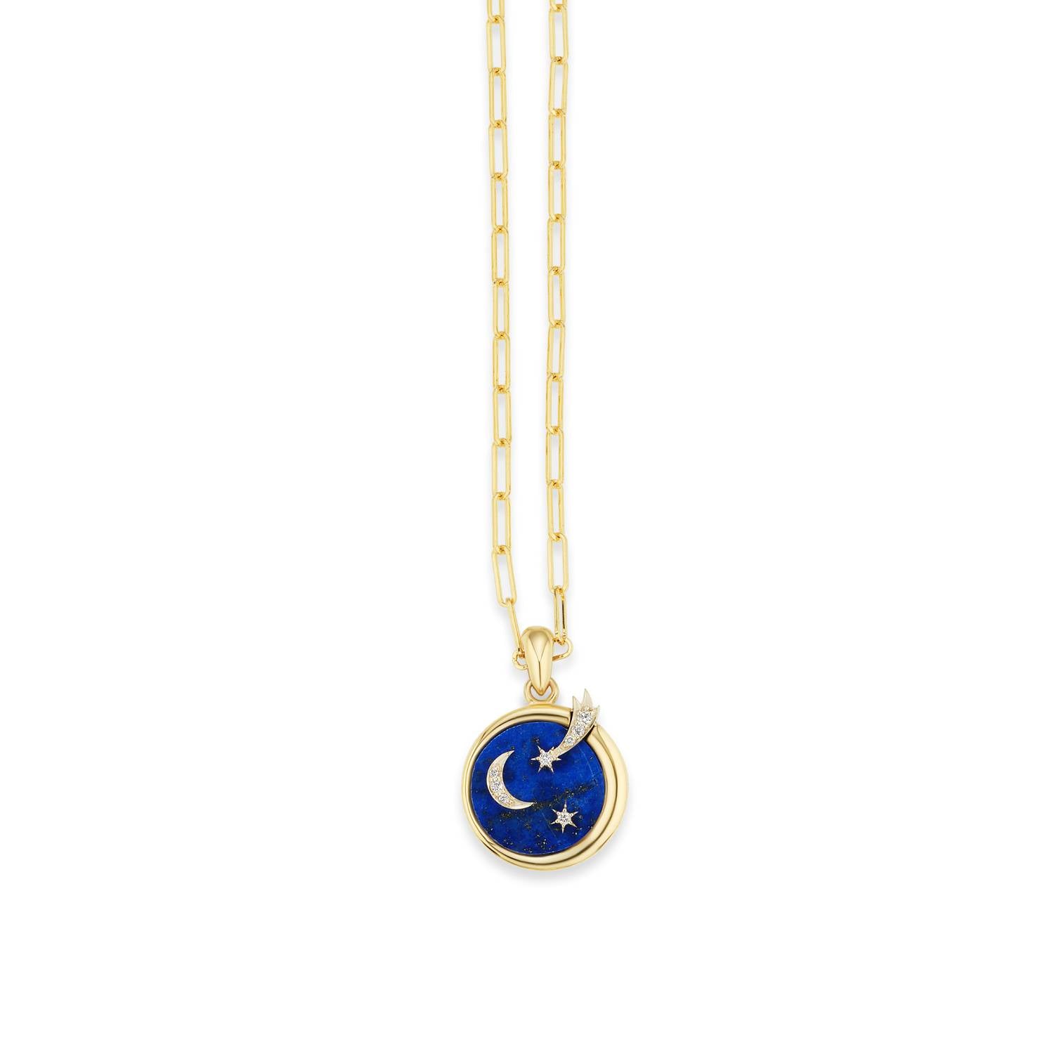 Ana-Katarina's 4 Elements Air Pendant resting on a white surface. The necklace is an 18k Yellow Gold, Chilean Lapis & .049ct Diamond pendant on an 18" 18k gold Baby Rectangle Chain.