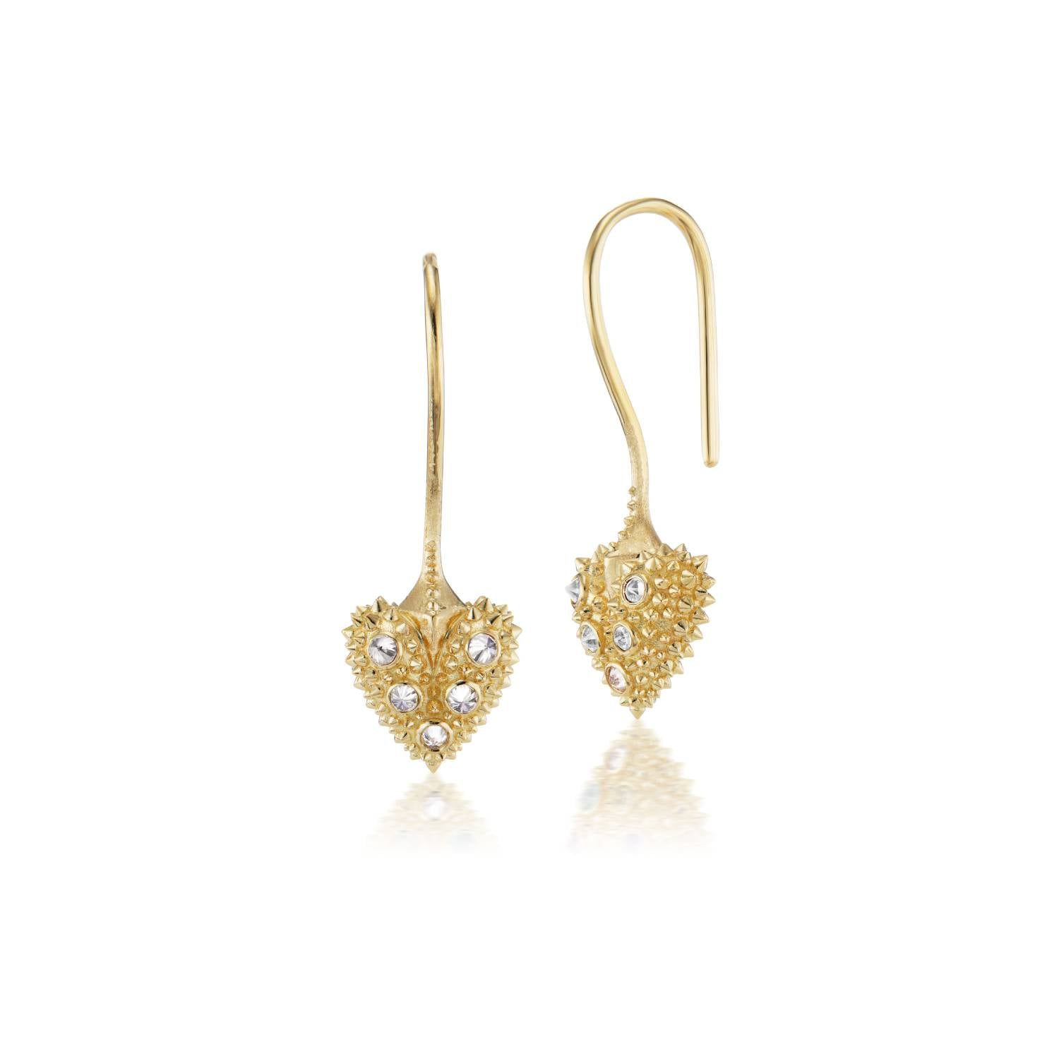 A front & side view of 18k yellow gold heart drop heart earrings with soft spikes & inverted diamonds - designed by Ana-Katarina fine jewelry.