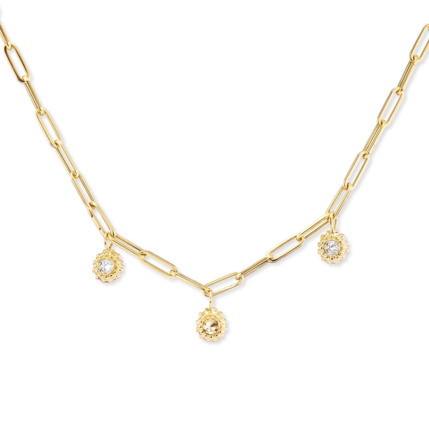 An 18k yellow gold paperclip chain with three ‘Tribe’ diamond solitaire pendants with inverted diamonds and gold beading to resemble sea urchins. 