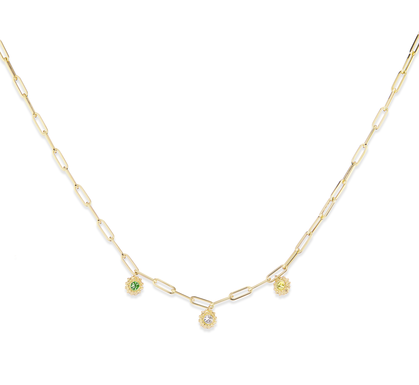 Three birthstone charms on a ‘Build-Your-Tribe’ Necklace designed in 18k yellow gold on an 18” adjustable paperclip chain by Ana-Katarina Fine Jewelry. 